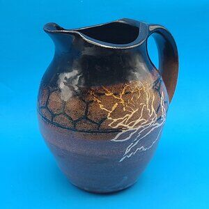 Vintage Art Pottery Redware Glazed Decorated Large Jug Pitcher 6 3/4" High